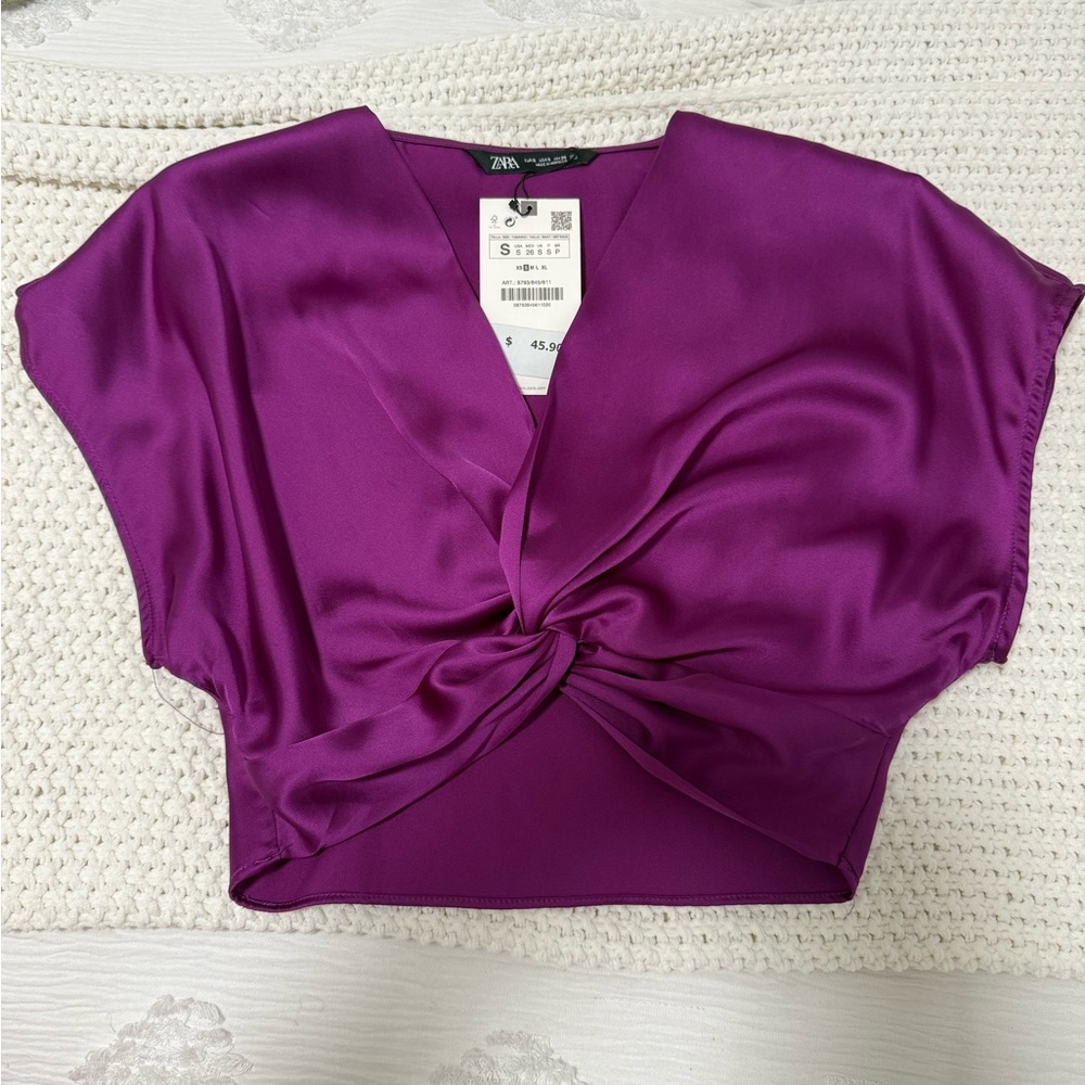 Zara Pink and Purple Crop Blouse with Tie Front